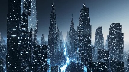 Futuristic city skyline glows with neon lights, showcasing urban innovation and architectural marvels, perfect for sci-fi themes and modern cityscapes