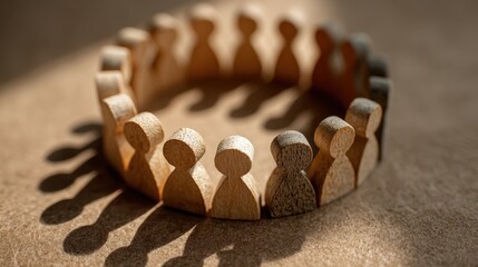 Wooden figures in circular chain unity and shadow in abstract artistic display