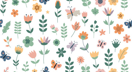 Seamless spring pattern with a beautiful collection of colorful hand-drawn flowers leaves and butterflies on a white background.