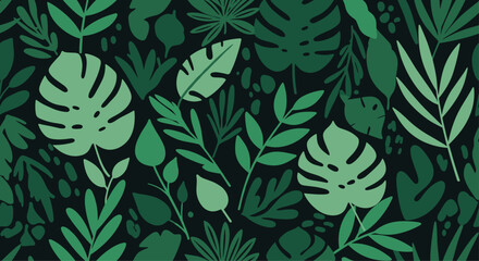 Seamless pattern with dense green tropical leaves and foliage on a dark background for an exotic jungle-themed wallpaper.