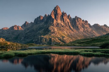 Fototapeta premium Majestic mountain landscape at sunrise, golden light illuminating jagged peaks, tranquil lake reflecting the scenery, serene atmosphere, lush green foreground
