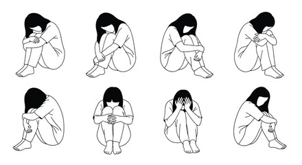 Set of line art illustrations showing a sad and lonely woman in various poses of depression sitting on the floor.