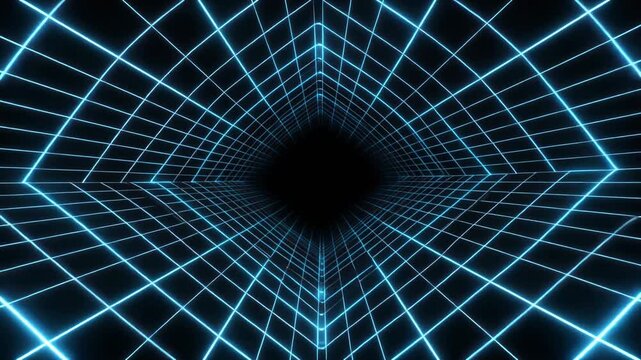 Neon Grid Tunnel Perspective with Blue Glowing Lines and Black Void Center photo