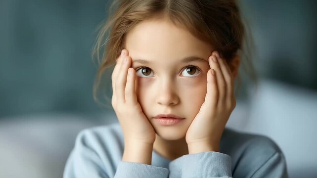 Little girl looking bored holding defocused head with hands, faceless tired child, restless visualization detail, blurred background, exhaustion concept, boredom interface, mood di