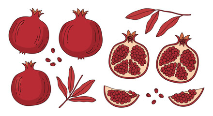 Collection of hand-drawn red pomegranate illustrations including whole fruit slices seeds and leaves isolated on a white background.
