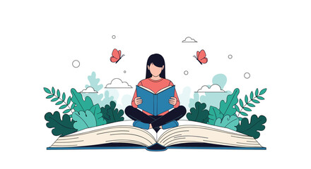Young woman sitting on a giant open book and reading surrounded by nature plants and butterflies illustrating a love of learning.