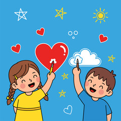Happy Children Drawing Red Heart, Cloud, and Stars on a Blue Background. Joyful Kids Expressing Creativity and Imagination Through Art. Childhood F...