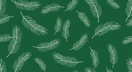 Seamless winter pattern of white hand-drawn pine tree branches on a dark green background for Christmas or holiday designs.