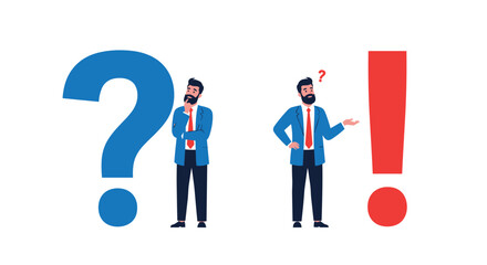 Businessman character thinking next to a large blue question mark and then finding a solution next to a red exclamation mark.