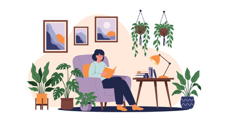 Woman relaxing in a cozy armchair and reading a book in a comfortable living room decorated with many green houseplants.