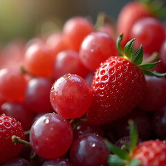 Fresh Grapes and Strawberries with Water Droplets