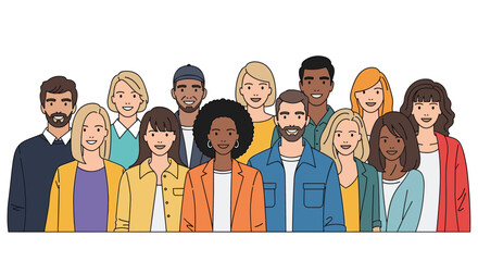 Large diverse group of smiling multicultural people standing together as a community or a successful business team illustration.