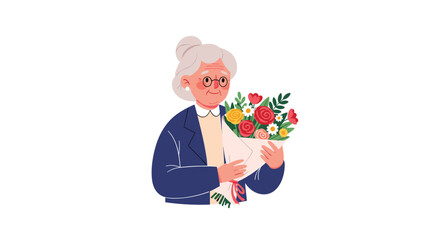Happy elderly woman with grey hair and glasses smiling while holding a beautiful colorful bouquet of flowers as a gift.