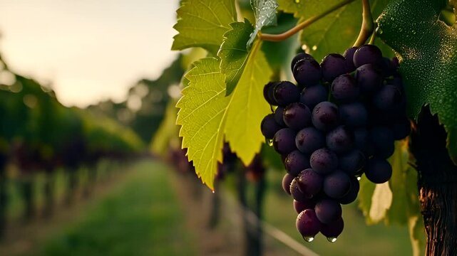 Luscious grapes hang heavy in a vineyard, promising rich wine and sweet summer fruit