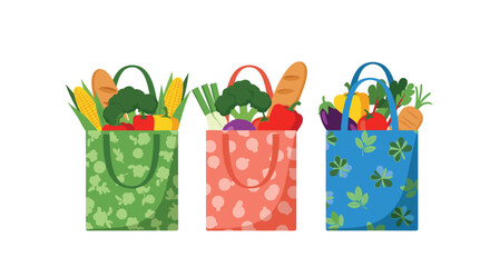 Three colorful reusable shopping bags filled with fresh healthy groceries like vegetables and bread promoting an eco-friendly lifestyle.