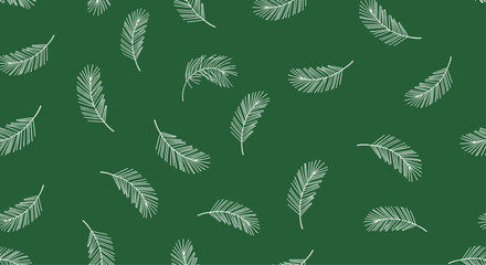 Simple seamless pattern with hand-drawn white fir branches on a dark green background for a festive winter holiday design.