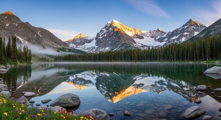 Scenic mountain lake reflecting snow-capped peaks surrounded by evergreen trees a tranquil landscape for travel and nature photography