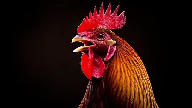 Vibrant rooster crowing dramatically, colorful feathers, farm animal video clip