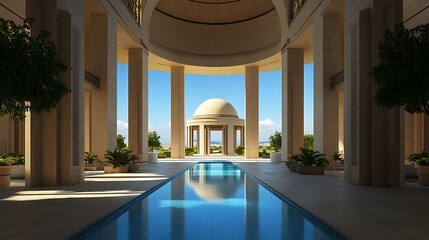 Serene courtyard with reflecting pool leading to a domed pavilion structure