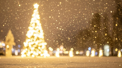 Golden Winter Wonderland: A festive scene where a radiant Christmas tree, adorned with twinkling lights, takes center stage against a backdrop of gently falling snowflakes.