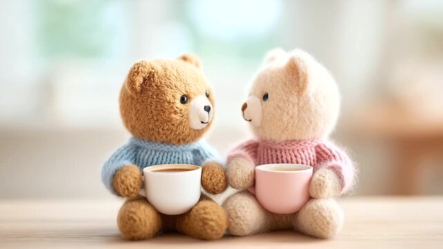 Teddy bear set including plush defocused cartoon styles, faceless cozy characters, holding beverages visualization detail, isolated background, children's designs concept, coffee i