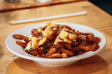Traditional poutine served in downtown Montreal restaurant
