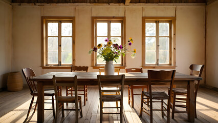 Dining room with rustic wooden table and wildflowers