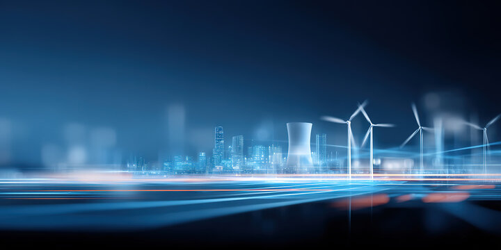 Illustrations of various power generation devices and new power systems against a blue background.