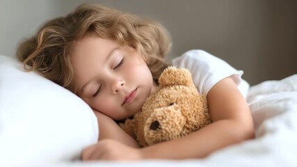 Young child peacefully sleeping with defocused teddy bear, faceless bedtime moment, rest visualization detail, blurred bed background, peaceful concept, comfort interface, sleep di