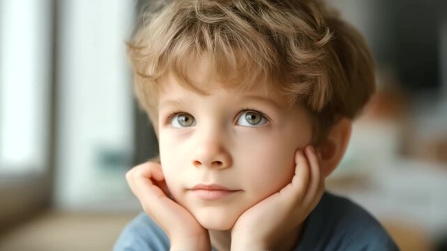 Young boy with thoughtful expression defocused face closeup, faceless pensive child, contemplative visualization detail, blurred background, thinking concept, emotion interface, po