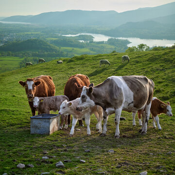 Cows and young calves standing on a mountain pasture overlooking a Lake District valley. Scenic British countryside landscape with sheep in background. Cattle herd, organic farming, rural life, nature