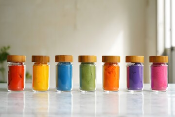 Fototapeta premium Colorful powders in jars with wooden lids arranged on a white marble surface indoors