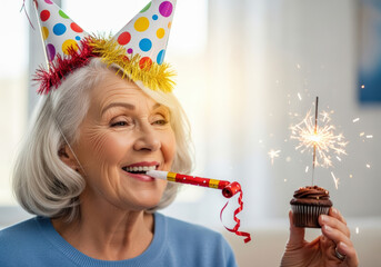 Smiling senior woman celebrating with cupcake and party horn