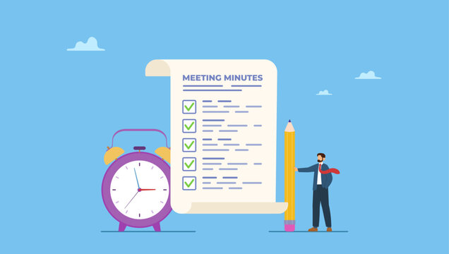 Businessman writing meeting minutes with alarm clock. Meeting minutes, lecture summary or meeting conclusion document, effective writing for discussion plan, note or information report.