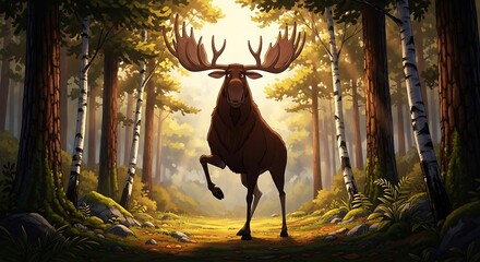 Majestic Moose in Sunlit Forest - A Wildlife Encounter.