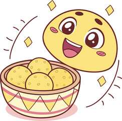 Cute cartoon panda character with a bowl of yellow balls, happy face illustration