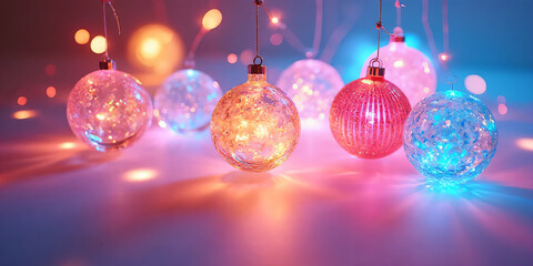 Fototapeta premium A celebration of light! An ethereal flat lay where glowing glass ornaments in neon colors appear to float on a surface of pure, radiant light, casting long, colorful shadows