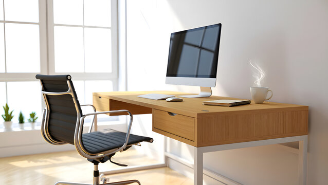 Home office setup with computer and sunlight