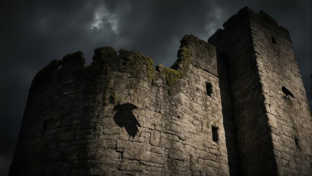 Eerie Stone Castle Ruins at Night Under a Stormy Sky.