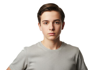 A portrait of a young man in a simple, minimalistic setting, boy, face, gray, man, portrait, pose, shirt, stare, t shirt 