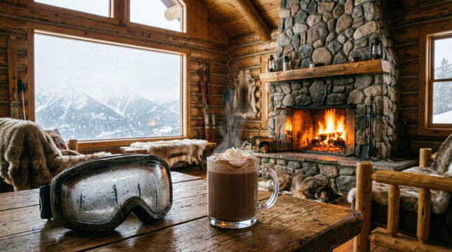 Hot chocolate and ski goggles on wooden table in cozy log cabin with fireplace