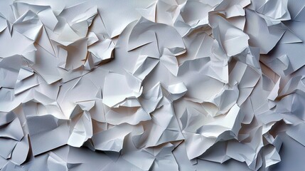 A close-up, abstract view of crumpled white paper sheets creating a textured background with dramatic shadows and highlights.