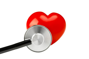 Stethoscope by red heart, symbolizing health, isolated on white, PNG