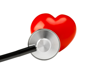 Stethoscope by red heart, symbolizing health, isolated on white, PNG