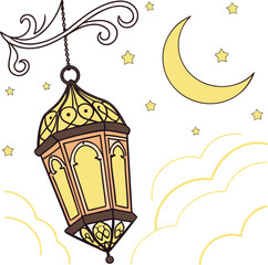 Ramadan lantern hangs in starry night sky with crescent moon and clouds