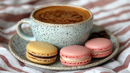 Obraz premium A light blue speckled ceramic cup filled with frothy coffee sits on a matching saucer. Three colorful macarons and a few coffee beans are arranged on the saucer