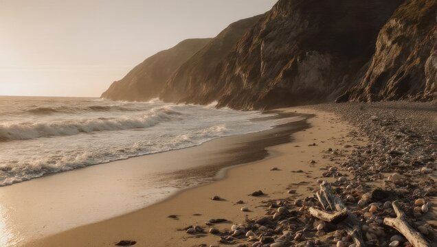Dramatic coastal landscape with waves crashing on a rocky beach.