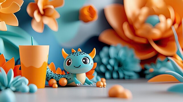 A whimsical scene featuring a cute, cartoonish blue dragon with orange horns and spots, sitting next to a tall orange cup with a straw. The background is filled