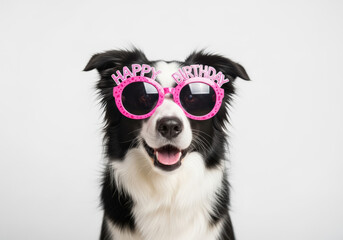 Border Collie wearing birthday glasses, celebrating a special day