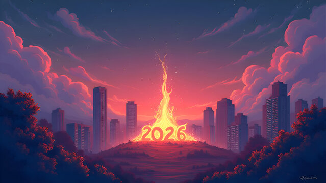 Bright 2026 fire on hill, sunrise over modern city, vibrant clouds, hope and new beginnings - Powered by Adobe